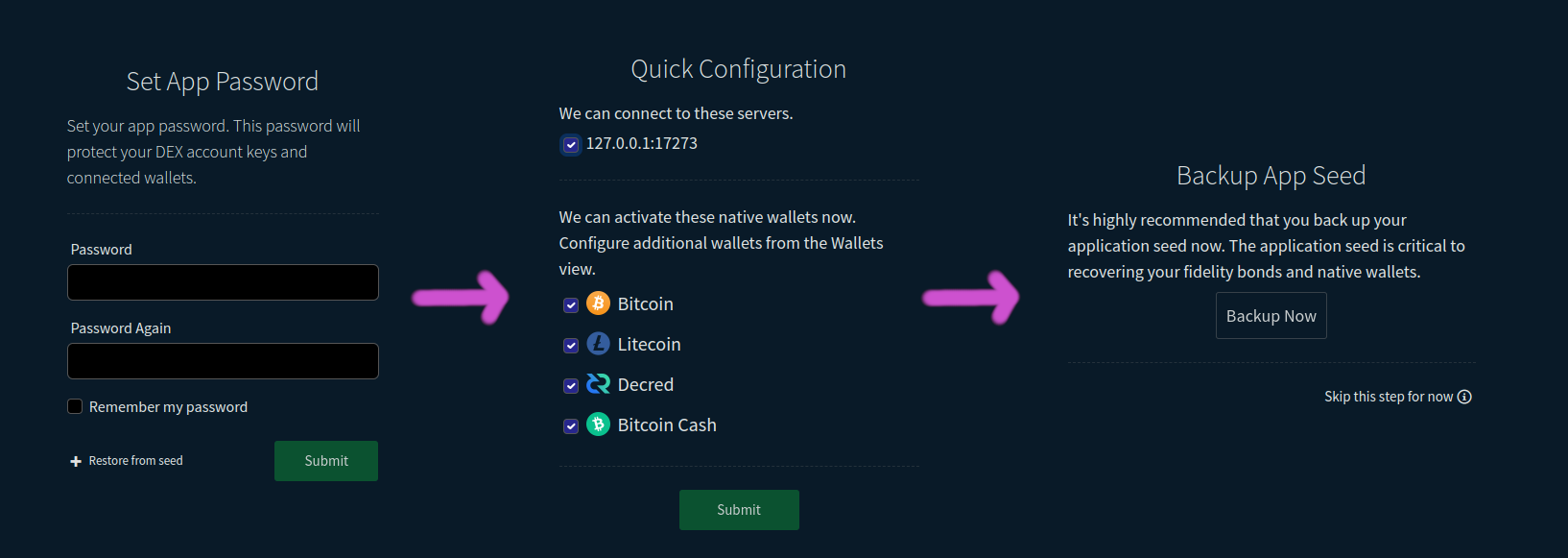 Reworked app setup flow in DCRDEX