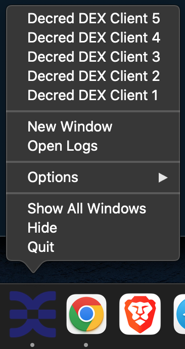 Dock menu in macOS will list all DEX windows