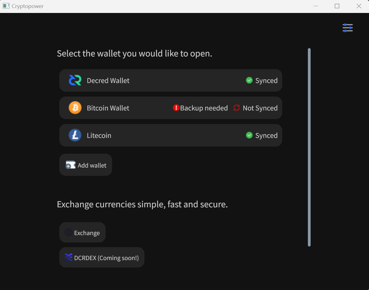 Cryptopower wallet selection page in dark mode