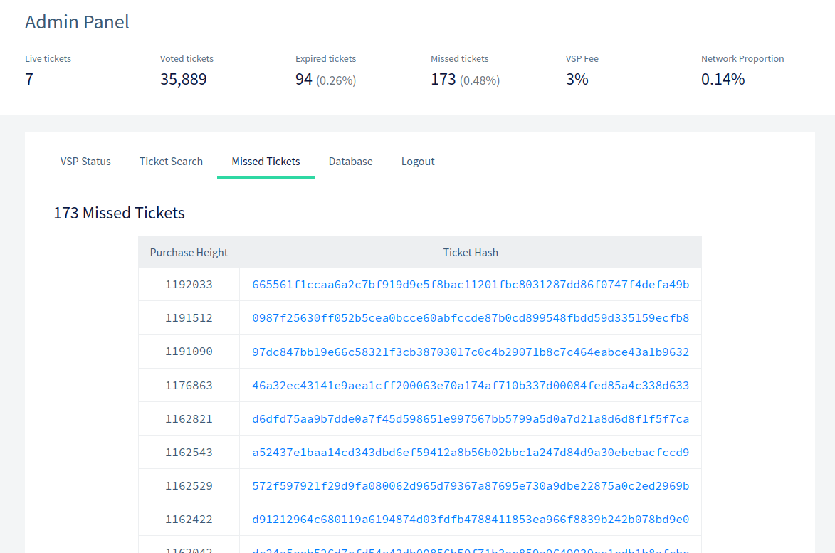 Missed tickets in vspd admin panel