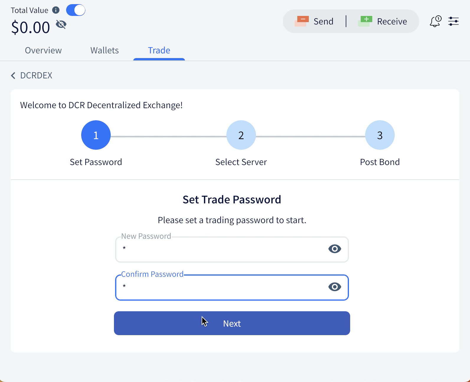 DCRDEX onboarding pages in Cryptopower