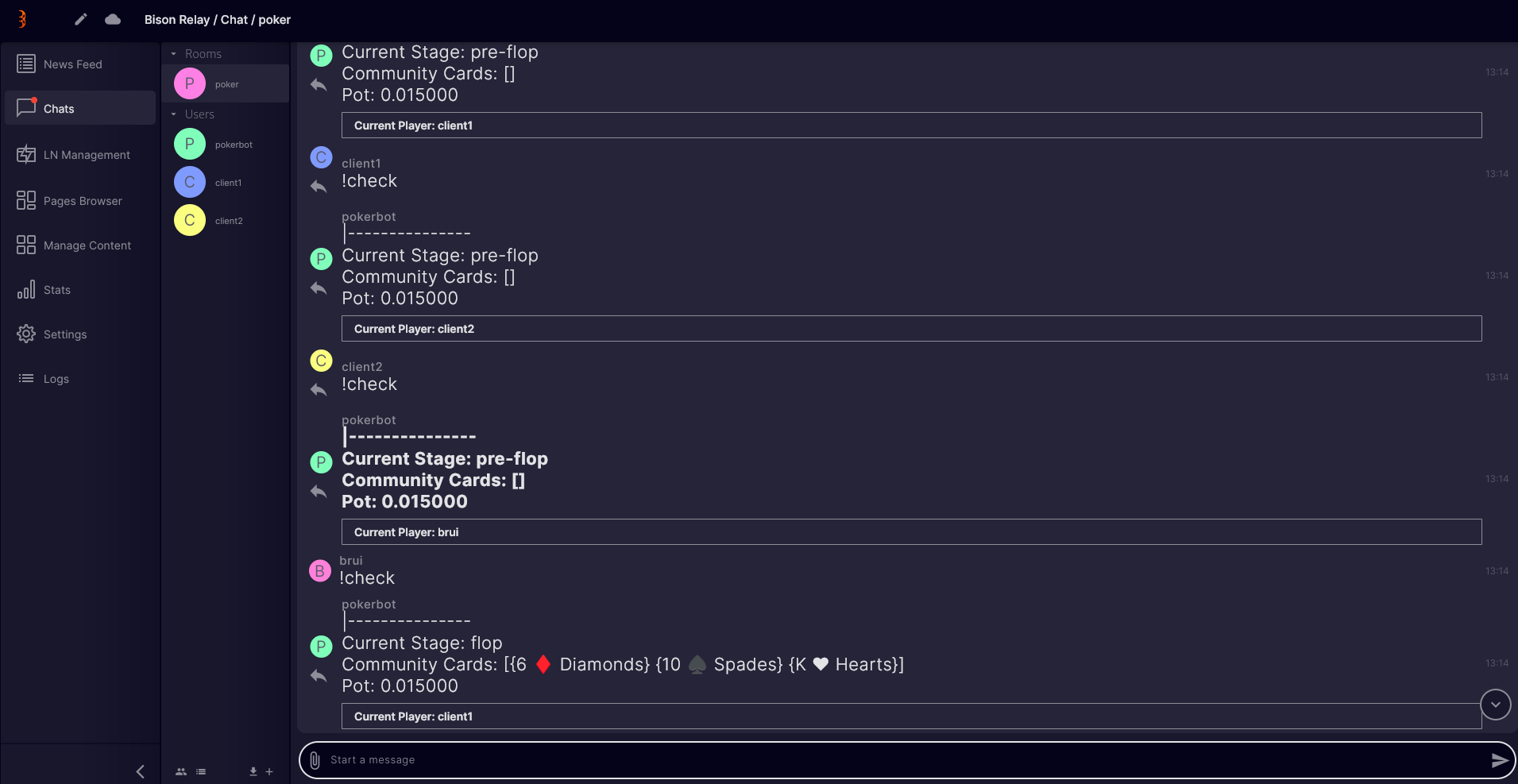 Poker bot PoC game in Bison Relay GUI