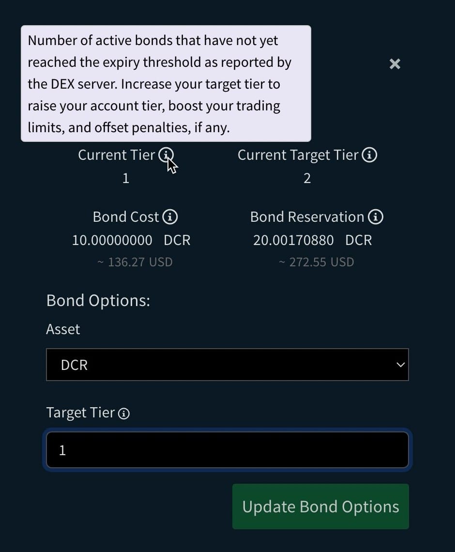 Bond settings in DCRDEX (test amounts are shown)