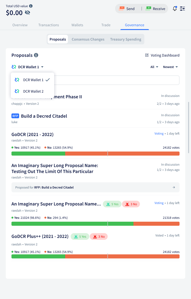 Updated design of the Governance tab in Cryptopower (final implementation may differ)